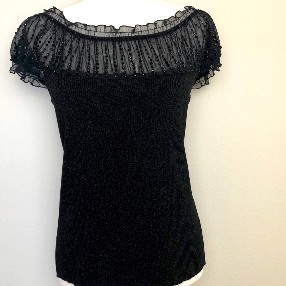 Black Sweater/Top with Short Sheer Sleeves. S/M